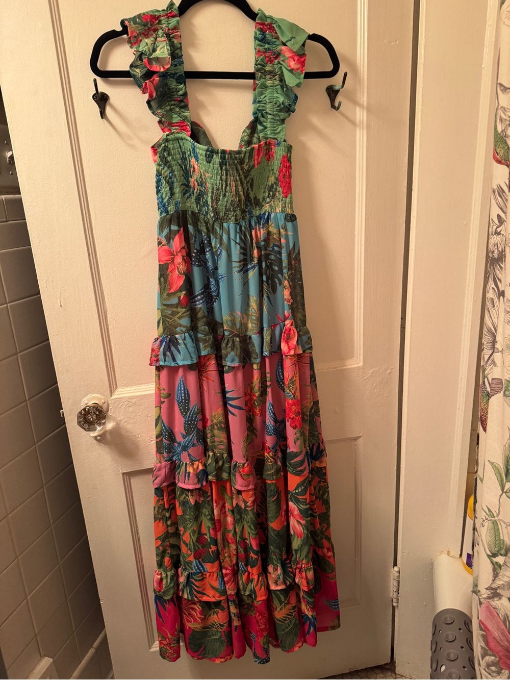 Girls' Tropical Tiered Maxi Dress with Ruffle Straps - Green & Pink